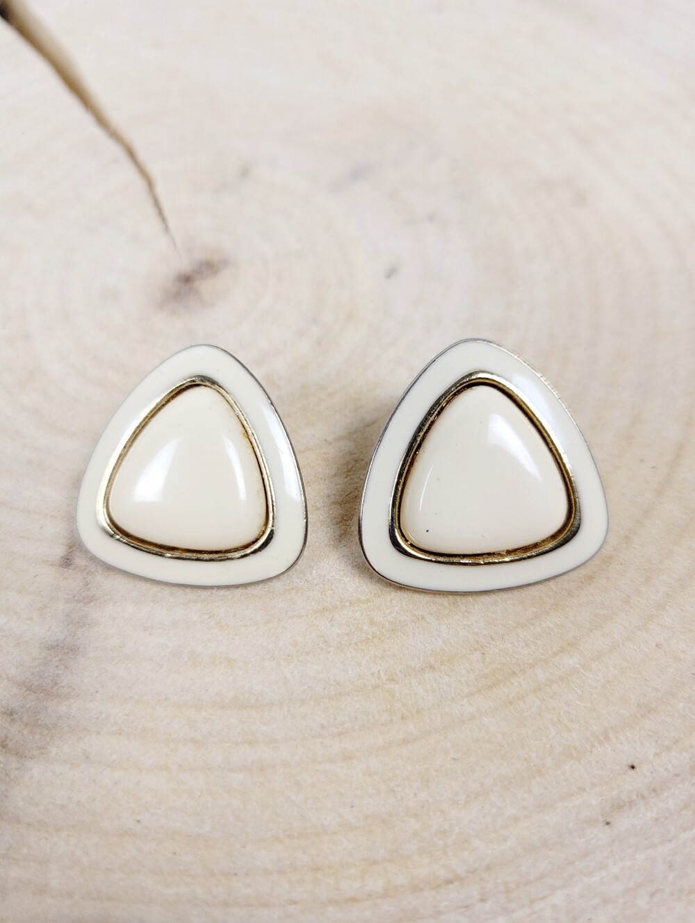 Brand New Gold Tone Cream Colour Triangle Stud Earrings